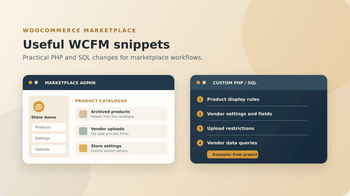 Marketplace dashboard diagram showing vendor products, store settings, uploads, and custom PHP snippets.